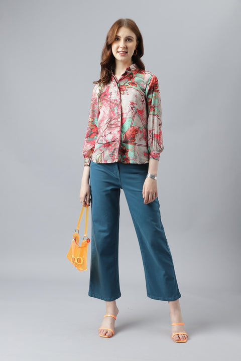 Attire Empire Women Regular Fit Printed Spread Collar Casual Pink Shirt