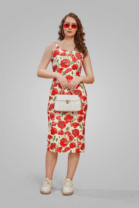 Attire Empire Women Bodycon Off-White & Red Dress