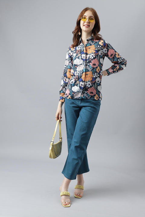 Attire Empire Women Regular Fit Printed Spread Collar Casual Sky Blue Shirt
