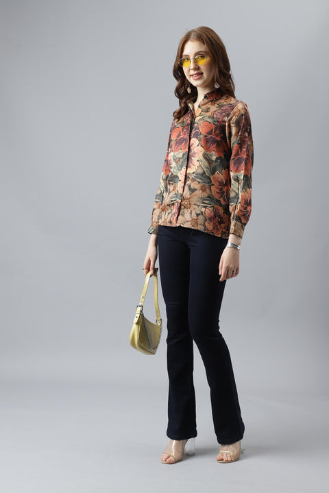 Attire Empire Women Regular Fit Printed Spread Collar Casual Orange Shirt