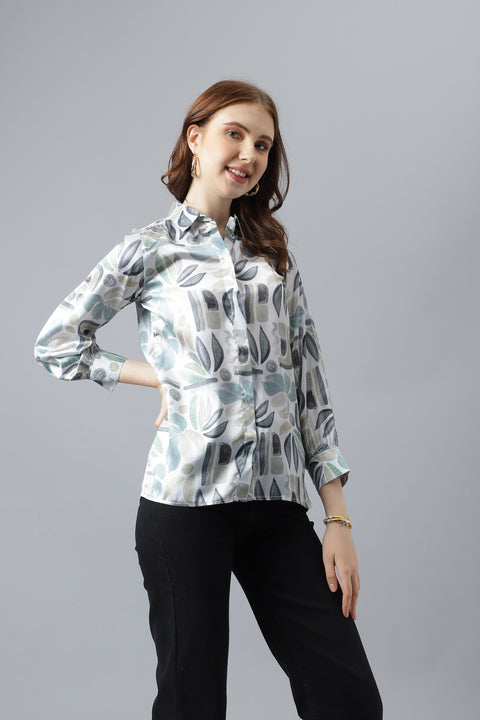 Attire Empire Women Regular Fit Printed Spread Collar Casual Grey Shirt