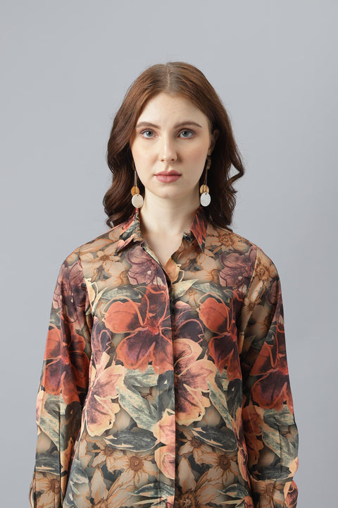 Attire Empire Women Regular Fit Printed Spread Collar Casual Orange Shirt