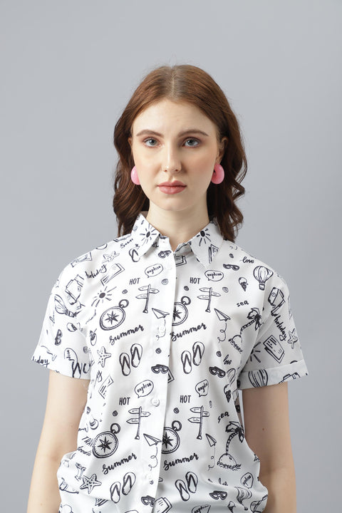 Attire Empire Women Regular Fit Printed Spread Collar Casual White Shirt