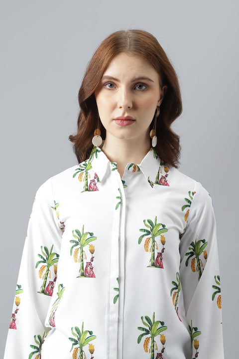 Attire Empire Women Regular Fit Printed Spread Collar Casual White Shirt