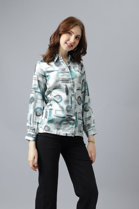 Attire Empire Women Regular Fit Printed Spread Collar Casual Light Green Shirt
