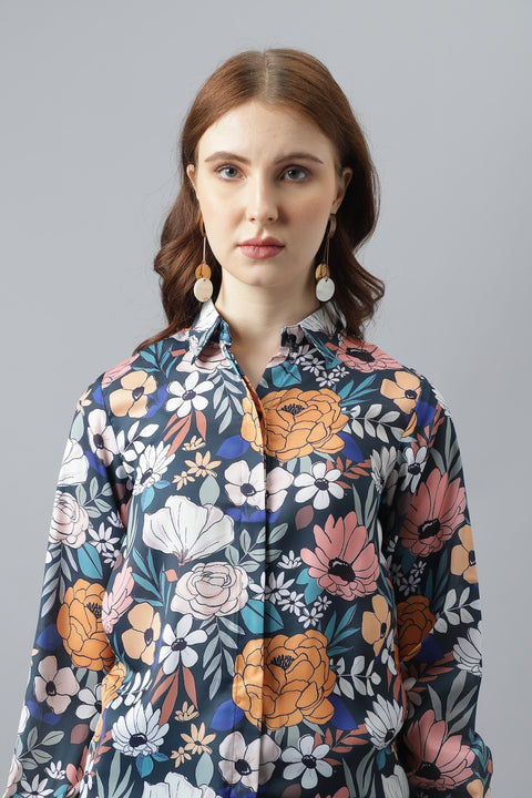 Attire Empire Women Regular Fit Printed Spread Collar Casual Sky Blue Shirt