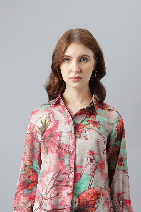 Attire Empire Women Regular Fit Printed Spread Collar Casual Pink Shirt