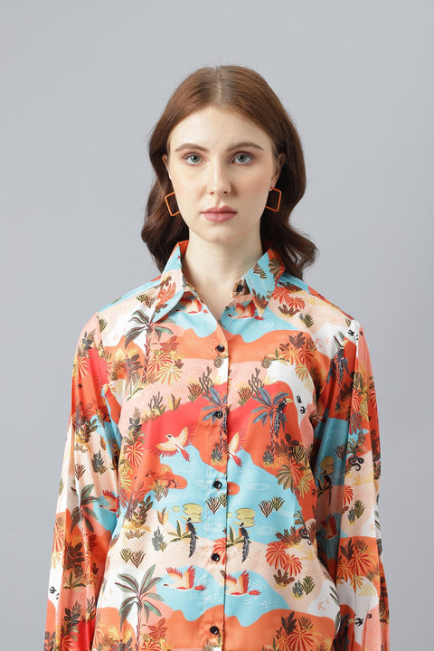 Attire Empire Women Regular Fit Spread Collar Casual Orange Long Shirt