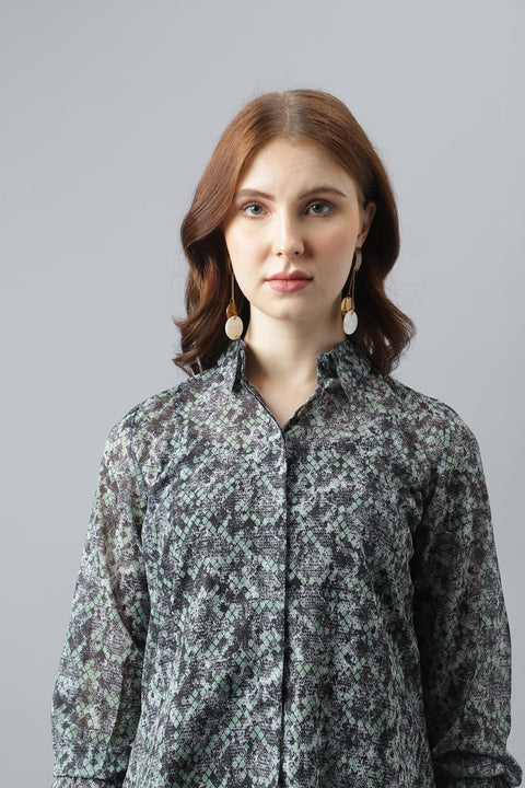 Attire Empire Women Regular Fit Printed Spread Collar Casual Green Shirt
