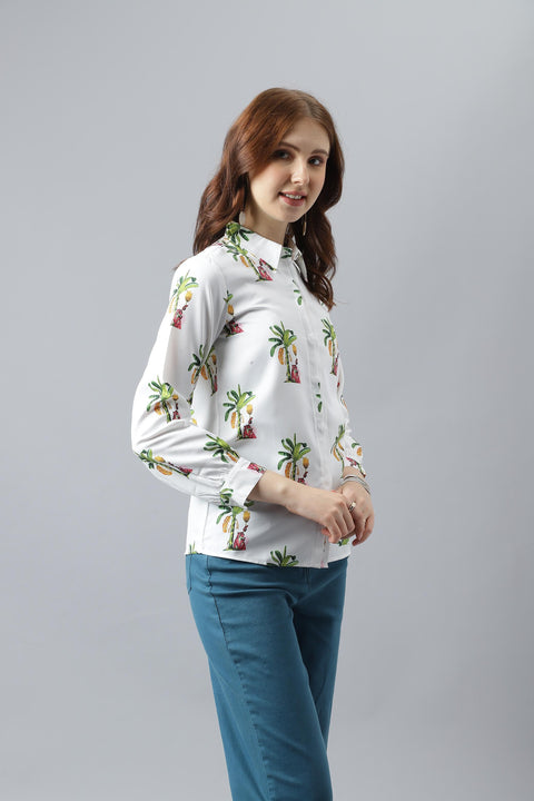 Attire Empire Women Regular Fit Printed Spread Collar Casual White Shirt