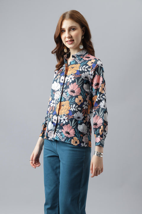 Attire Empire Women Regular Fit Printed Spread Collar Casual Sky Blue Shirt