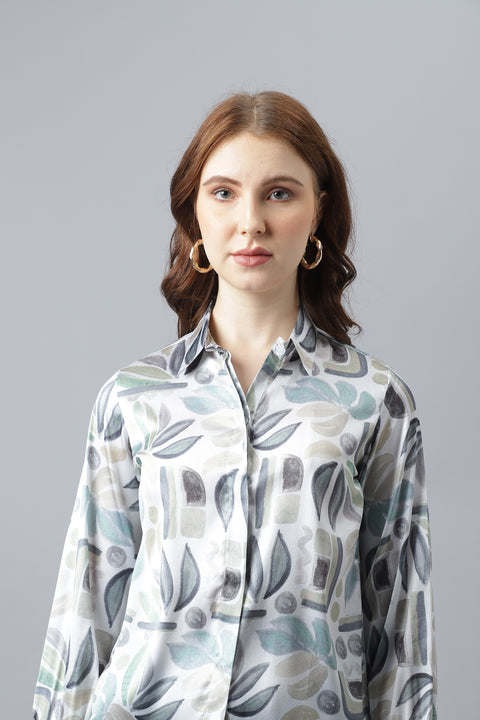 Attire Empire Women Regular Fit Printed Spread Collar Casual Grey Shirt