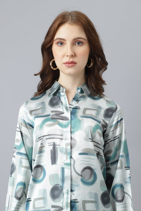 Attire Empire Women Regular Fit Printed Spread Collar Casual Light Green Shirt