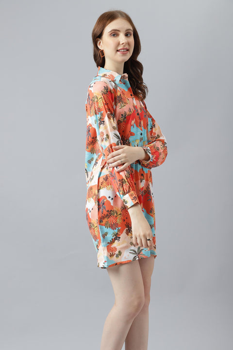 Attire Empire Women Regular Fit Spread Collar Casual Orange Long Shirt