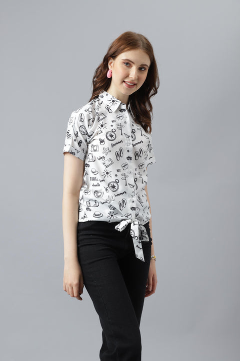 Attire Empire Women Regular Fit Printed Spread Collar Casual White Shirt