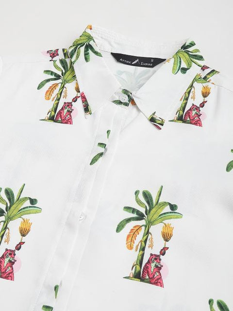 Attire Empire Women Regular Fit Printed Spread Collar Casual White Shirt