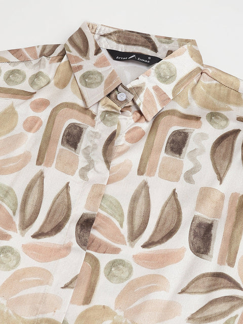 Attire Empire Women Regular Fit Printed Spread Collar Casual Golden Shirt