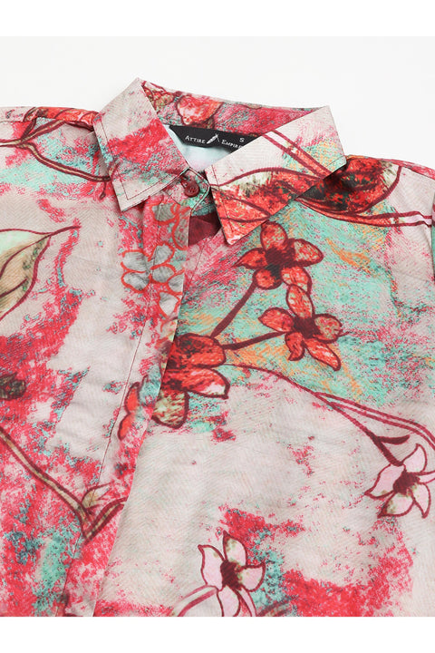 Attire Empire Women Regular Fit Printed Spread Collar Casual Pink Shirt