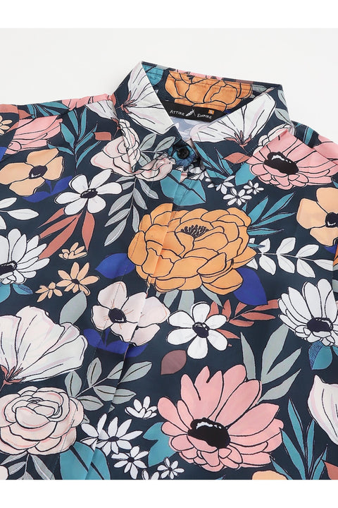 Attire Empire Women Regular Fit Printed Spread Collar Casual Sky Blue Shirt
