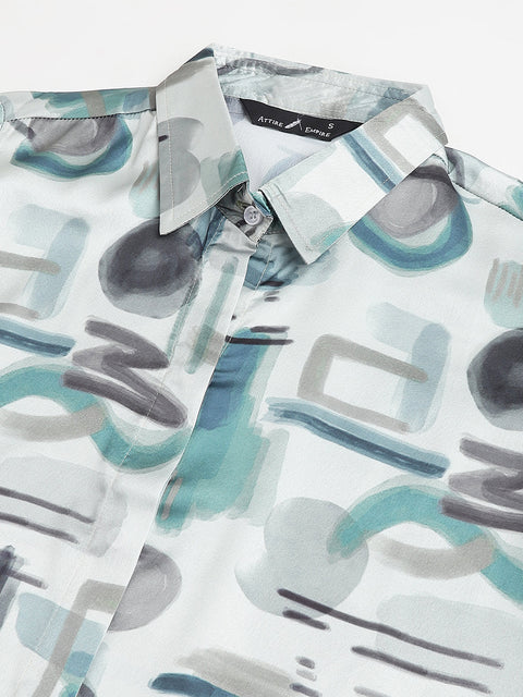 Attire Empire Women Regular Fit Printed Spread Collar Casual Light Green Shirt