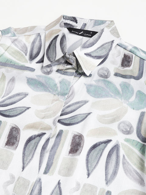 Attire Empire Women Regular Fit Printed Spread Collar Casual Grey Shirt