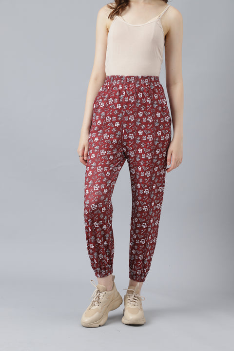 Attire Empire Women Printed Joggers Maroon