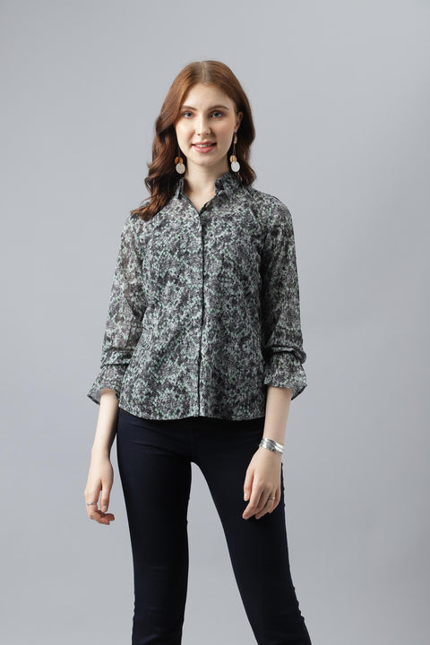 Attire Empire Women Regular Fit Printed Spread Collar Casual Green Shirt
