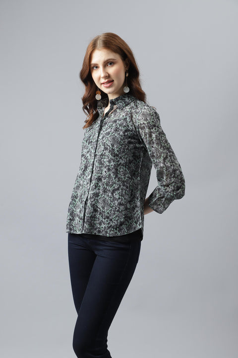 Attire Empire Women Regular Fit Printed Spread Collar Casual Green Shirt