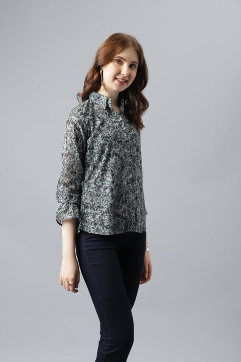Attire Empire Women Regular Fit Printed Spread Collar Casual Green Shirt