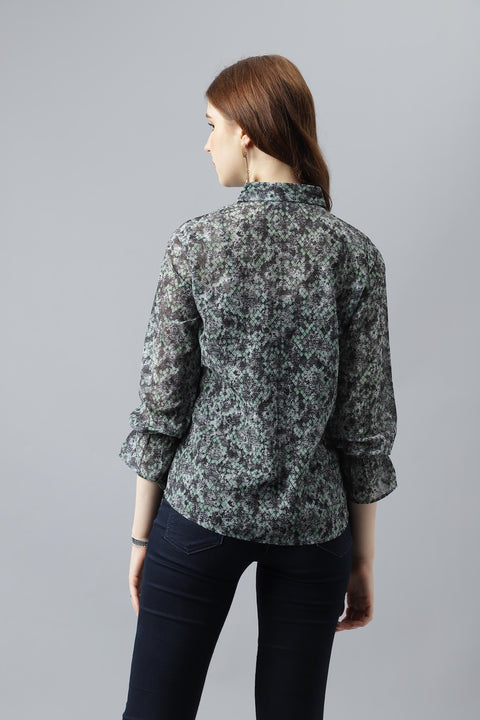 Attire Empire Women Regular Fit Printed Spread Collar Casual Green Shirt