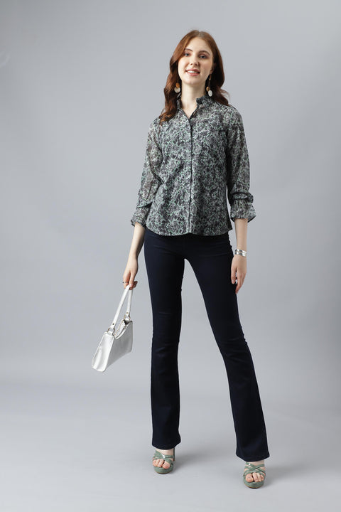 Attire Empire Women Regular Fit Printed Spread Collar Casual Green Shirt