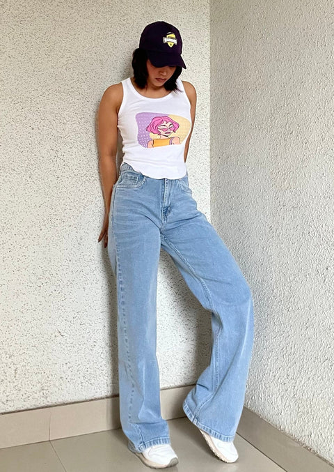 XWAGER Women High-Waisted Relaxed Fit Light Blue Denim Cargo Jeans