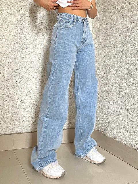 XWAGER Women High-Waisted Relaxed Fit Light Blue Denim Cargo Jeans