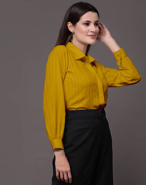 Attire Empire Women Regular Fit Printed Spread Collar Casual Yellow Shirt