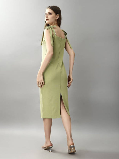 Women A-line Green Below Knee Dress