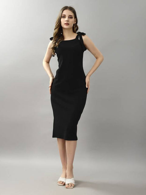 Women A-line Black Below Knee Dress