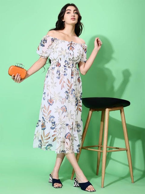 Women Fit and Flare White Midi/Calf Length Dress