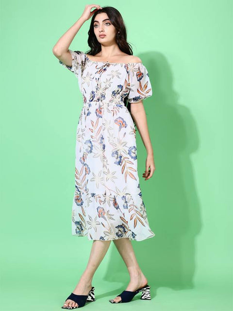 Women Fit and Flare White Midi/Calf Length Dress