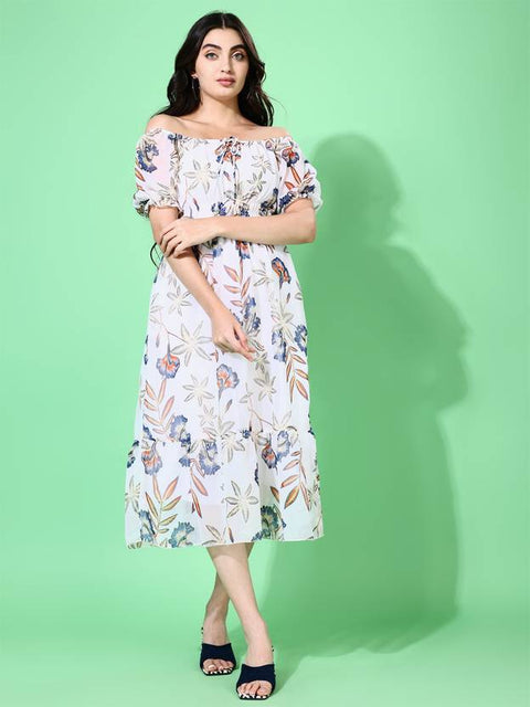 Women Fit and Flare White Midi/Calf Length Dress