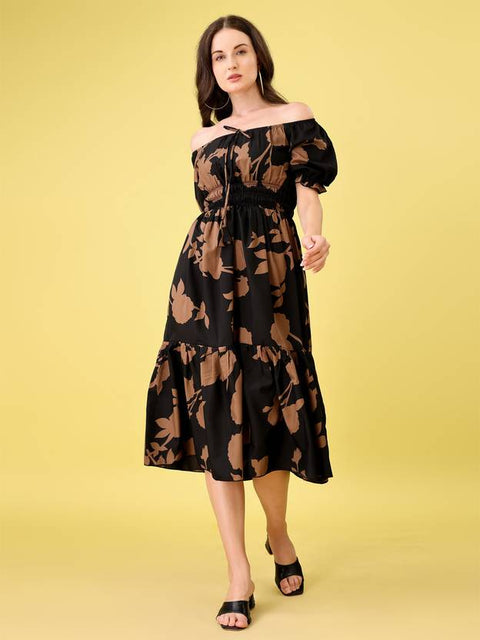 Women Fit and Flare Black Midi/Calf Length Dress