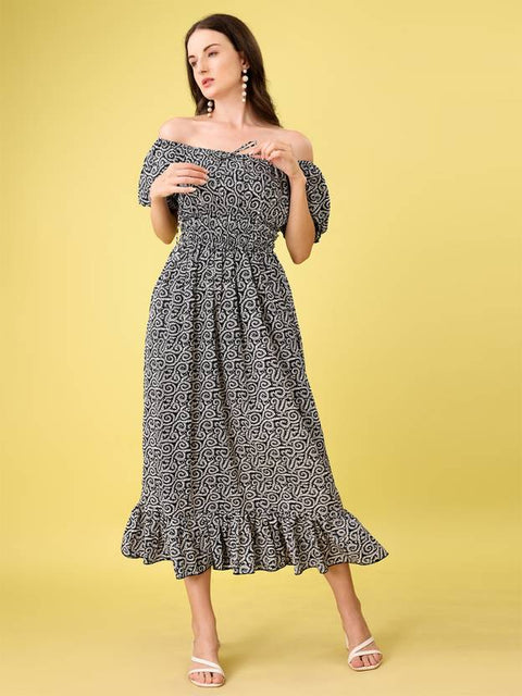 Women Fit and Flare Black Midi/Calf Length Dress