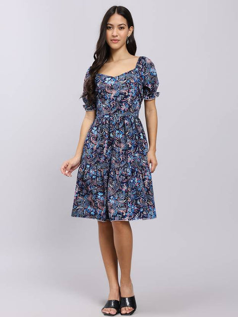 Women A-line Blue Above Knee/Mid Thigh Length Dress