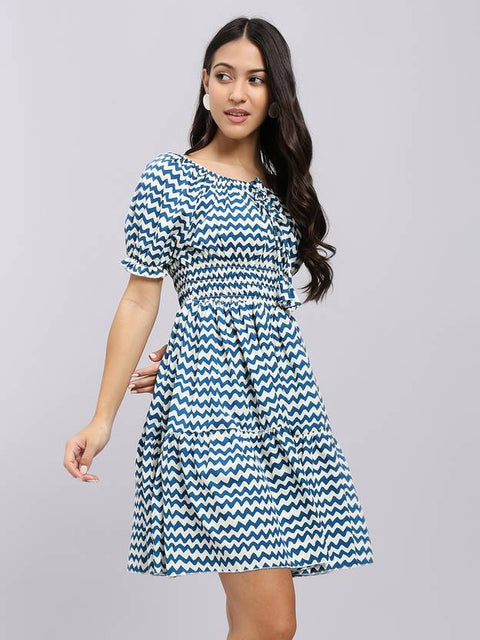 Women A-line Blue Above Knee/Mid Thigh Length Dress
