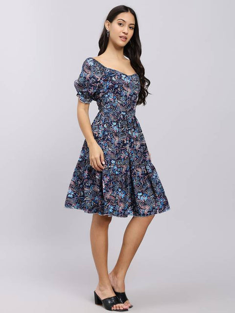Women A-line Blue Above Knee/Mid Thigh Length Dress
