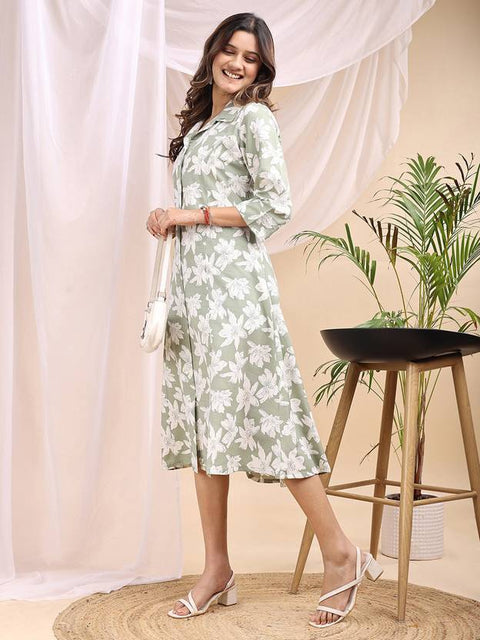 Women Fit and Flare Green Midi/Calf Length Dress
