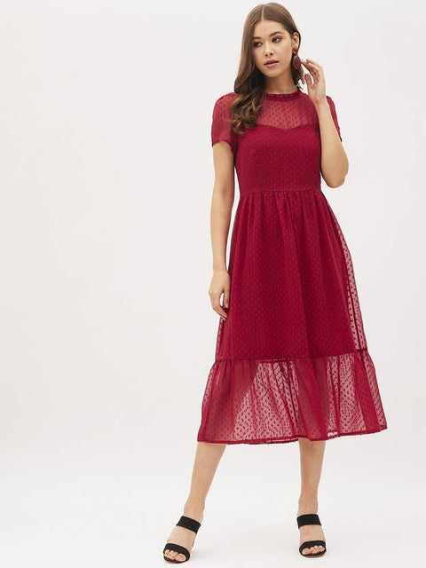 Women Fit and Flare Maroon Midi/Calf Length Dress