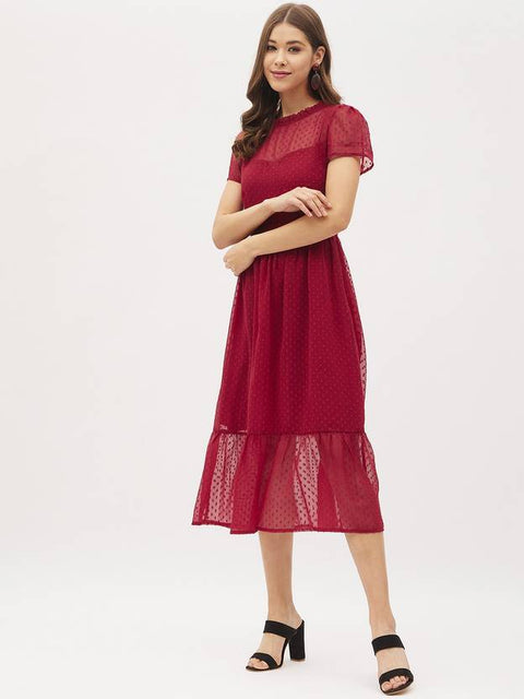 Women Fit and Flare Maroon Midi/Calf Length Dress