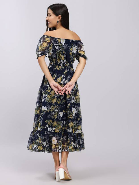 Women A-line Blue Midi/Calf Length Dress