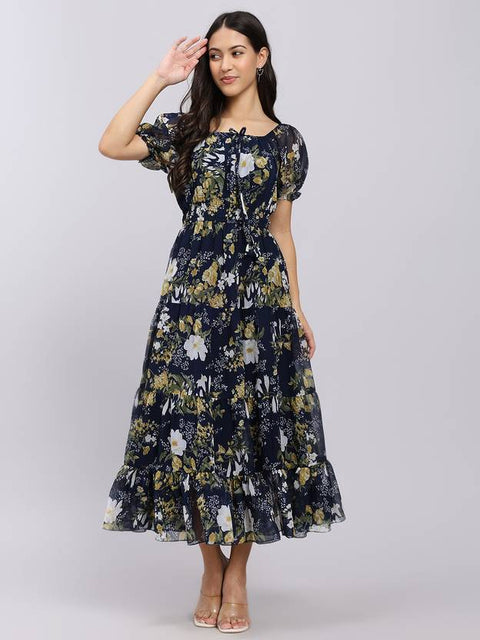 Women A-line Blue Midi/Calf Length Dress