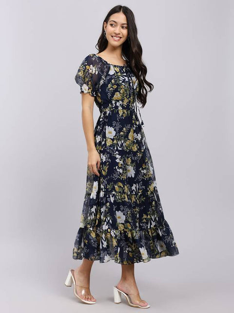 Women A-line Blue Midi/Calf Length Dress